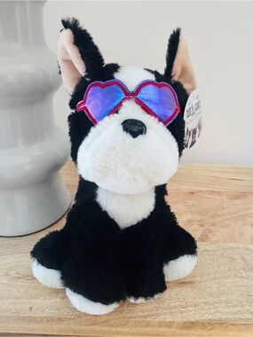 Black & White Plush Dog with Heart Sunglasses - Stuffed Animal